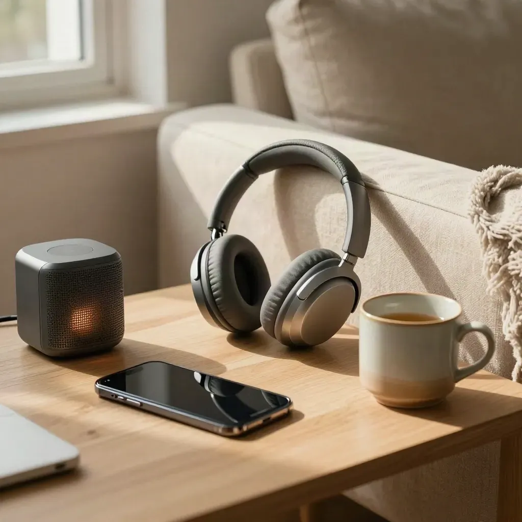 Cuffie wireless, speaker e tazza su tavolino chiaro in un salotto caldo