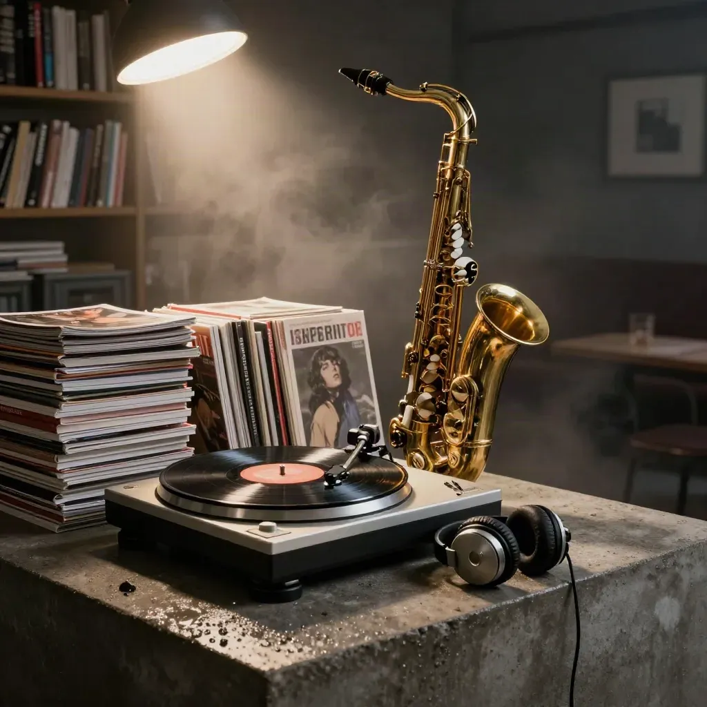 Giradischi con vinile, sleeve, campana di sax e cuffie in luce cinematica fumosa.