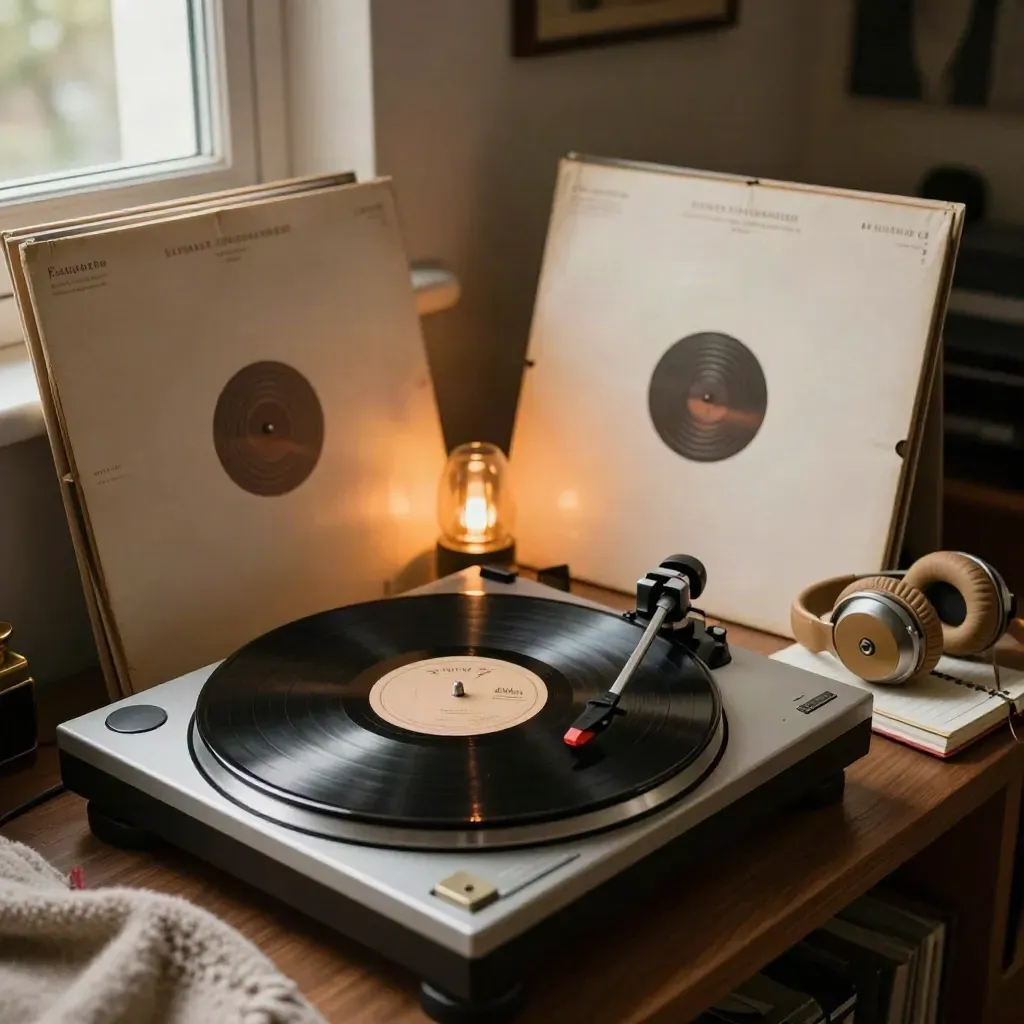 Dischi italiani, cuffie da studio e vinile sul giradischi in luce calda.