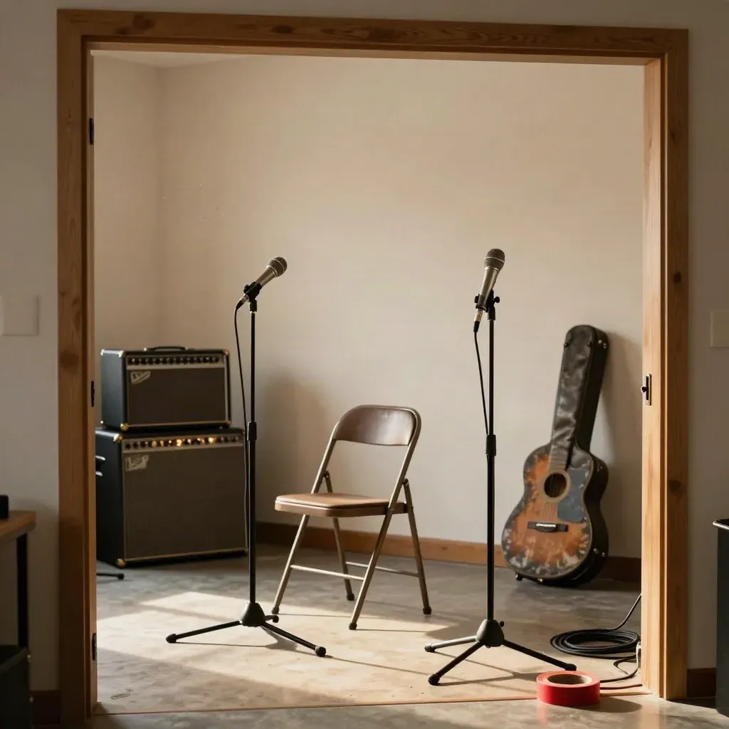 Due microfoni in sala prove, amplificatore e custodia chitarra in luce calda.