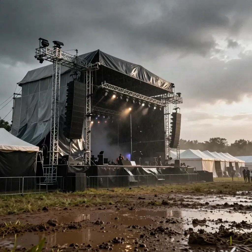 Palco festival bagnato dalla pioggia, con torri truss e tende sotto il temporale.