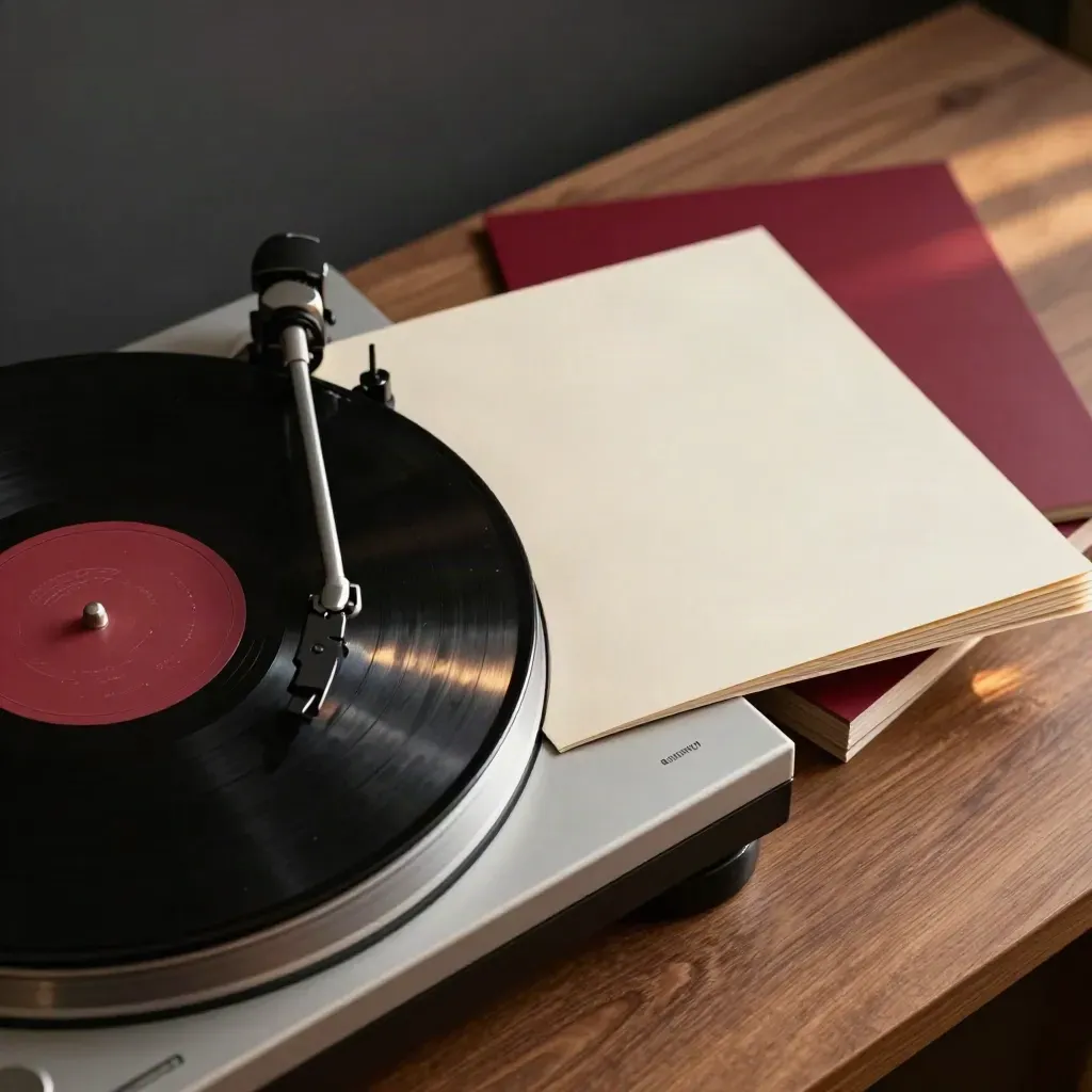 Tre singoli da 7'' e un vinile quasi sul piatto di un giradischi, in una natura morta elegante
