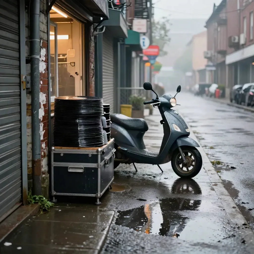 Vicolo urbano bagnato fuori da un locale, casse da tour, scooter e riflessi neon nelle pozzanghere.