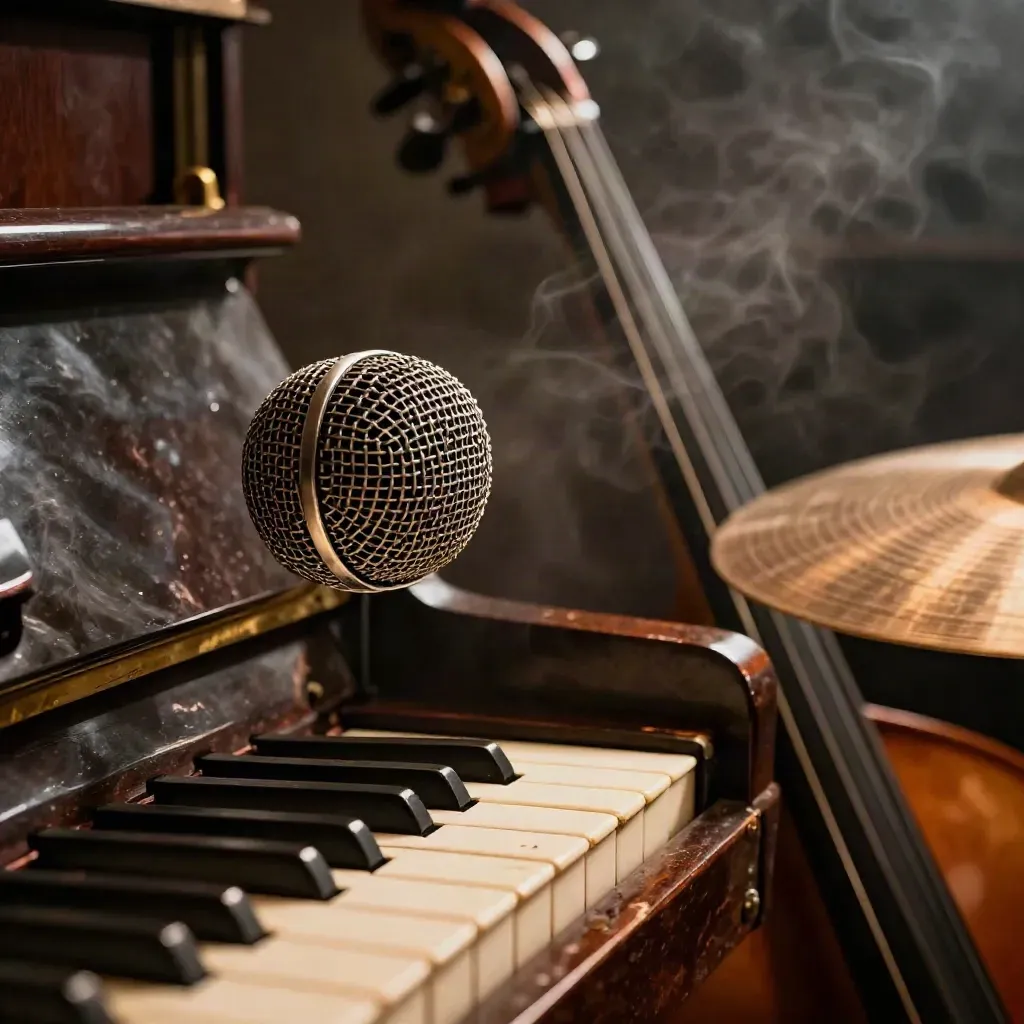 Macro di microfono vintage, collo di contrabbasso, tasti di piano e piatto in una club jazz fumosa.