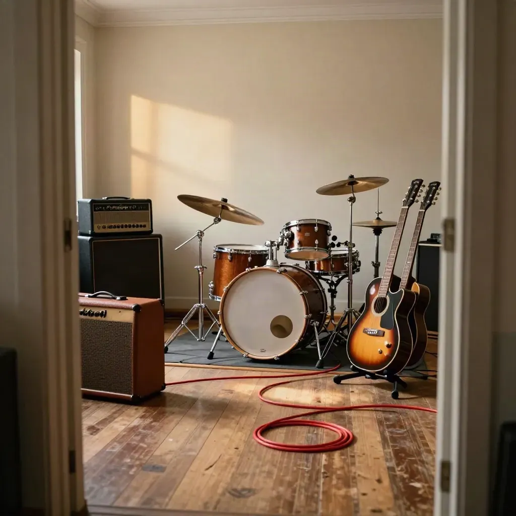Sala prove con batteria consumata, due chitarre, amplificatori e luce calda dall’alto.