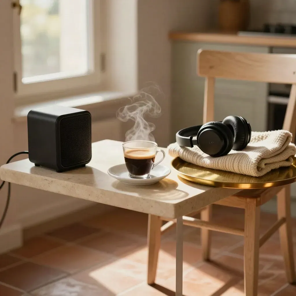 Angolo cucina con speaker, caffè fumante, cuffie e maglione piegato sulla sedia.