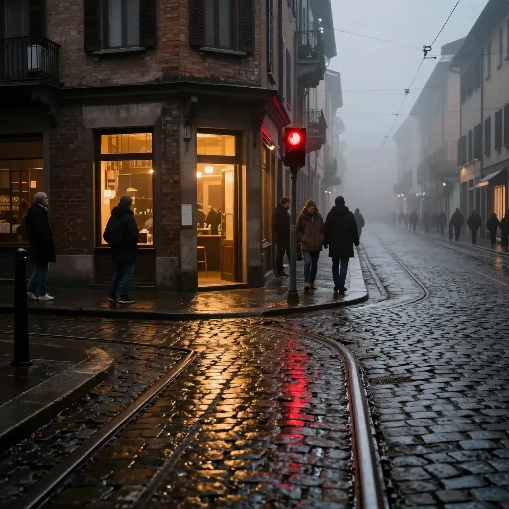 Strada notturna di Torino con binari del tram, selciato bagnato e locale illuminato