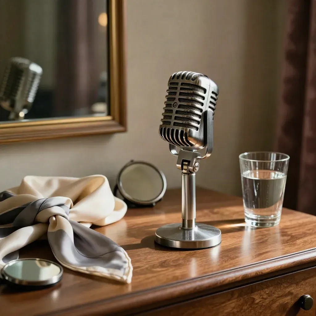 Microfono vintage su tavolo da camerino con sciarpa di seta, specchietto chiuso e bicchiere d’acqua