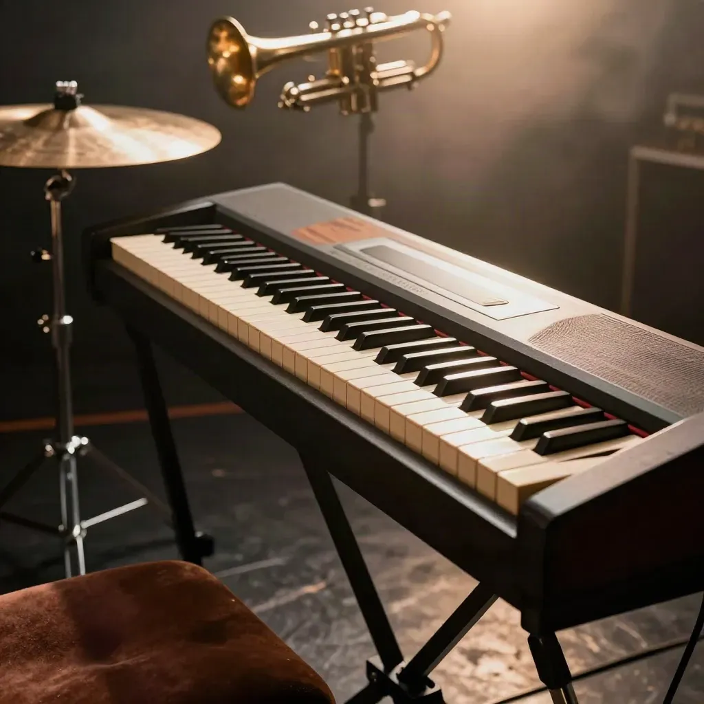 Tastiera Rhodes, tromba e piatto in un angolo jazz notturno, con luce calda e fumo morbido.