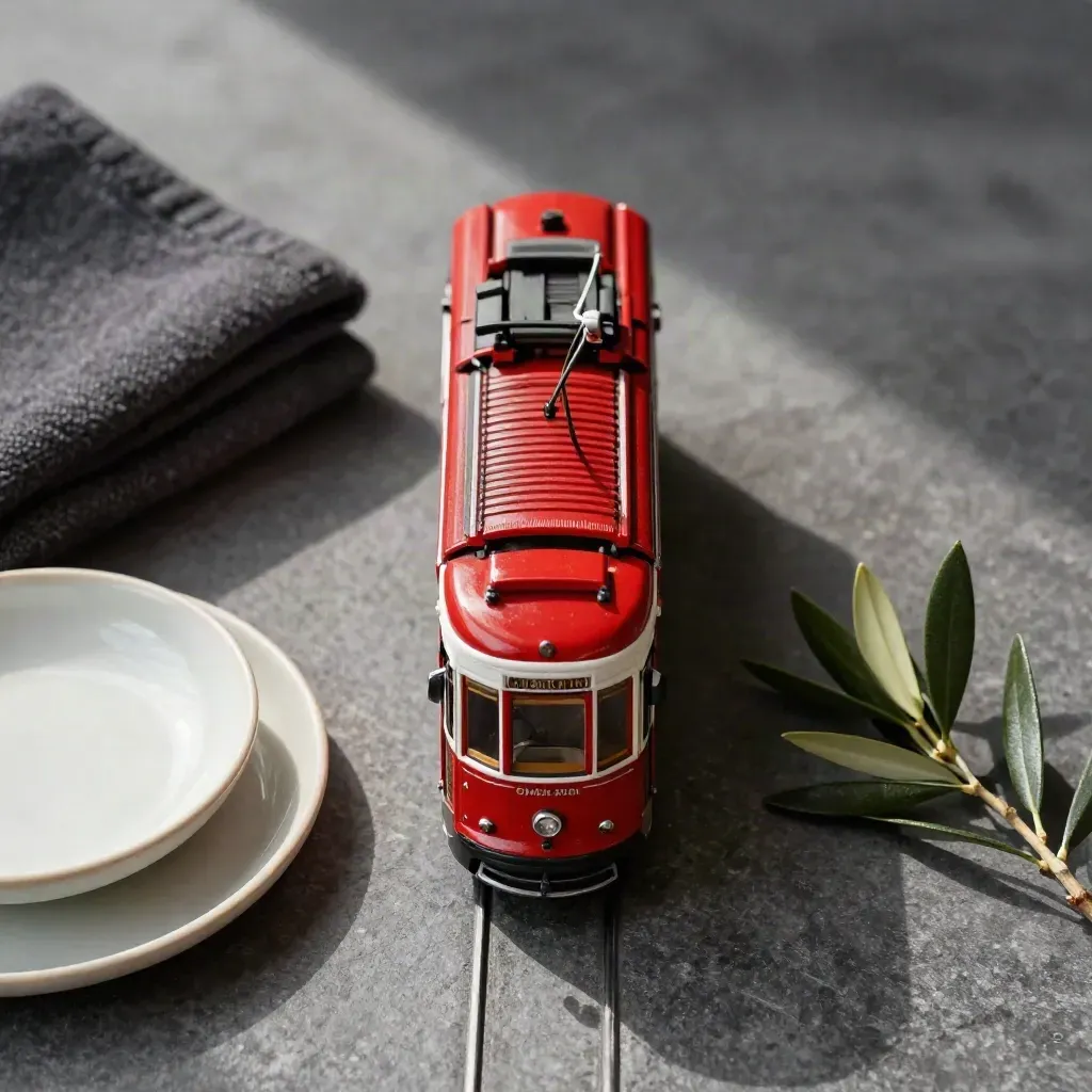 Flatlay dall’alto di un tram rosso di Milano con panno antracite e ciotola ceramica.