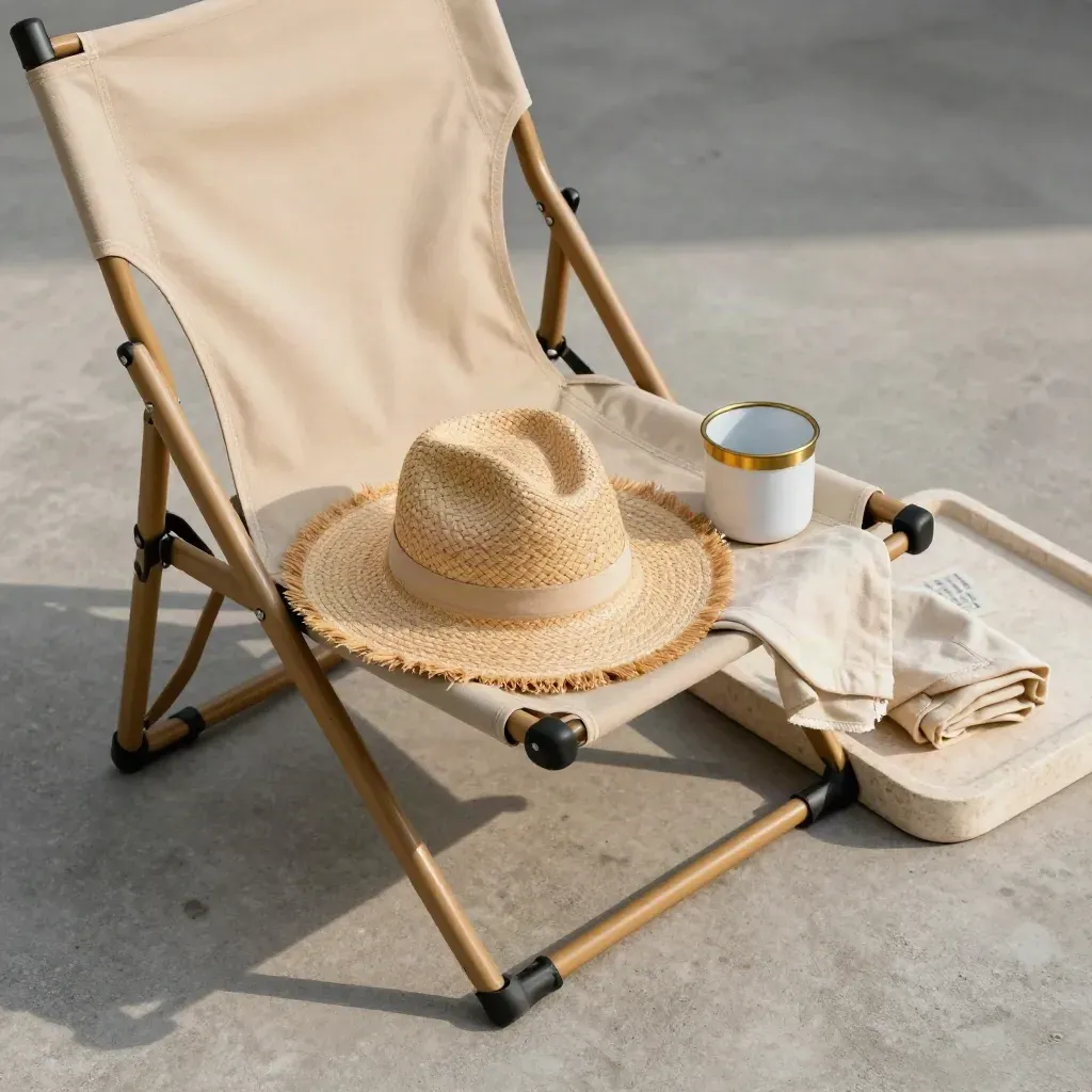 Sedia pieghevole da festival con cappello di paglia, tazza smaltata e panno su pietra.
