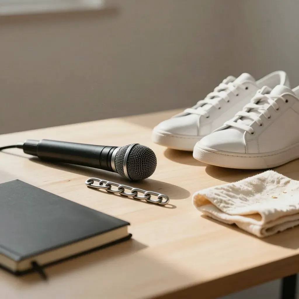 Microfono nero, catena e sneakers bianche su legno chiaro, mood rap italiano.