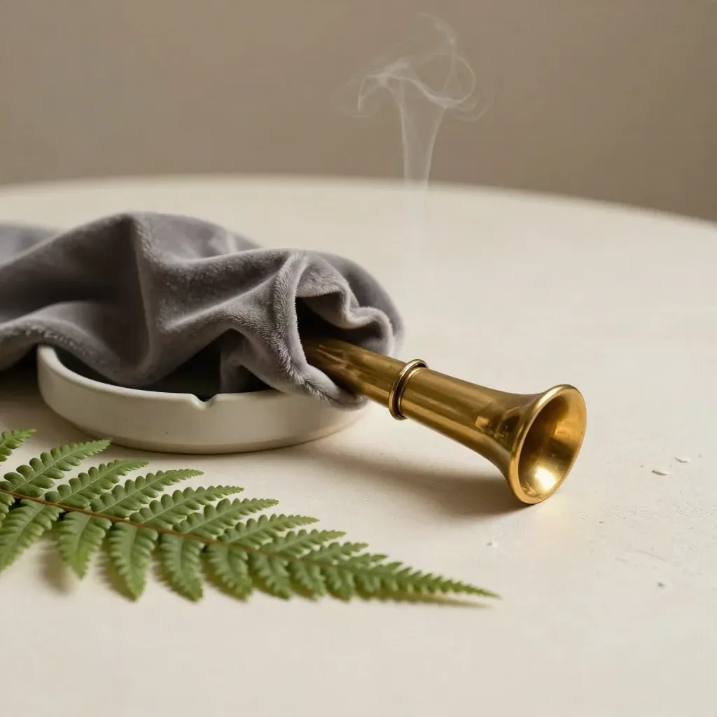 Mouthpiece di sax con stoffa di velluto, posacenere e felce su fondo chiaro.